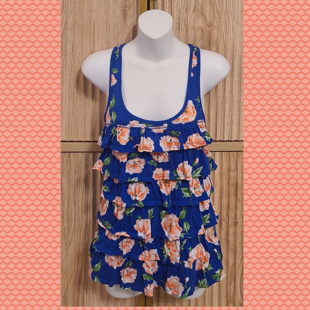Hollister Blue Floral Ruffle Tank Top | Size Small